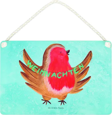 Produktbild von Mr. & Mrs. Panda Schild Rotkehlchen Weihnachten DIN A4 - Eisblau - Geschenk, kleine aufmerksamkeit, Winter, Weihnachtsgruß, Heiligabend, Frohe, Vogel, Wandbild Holz