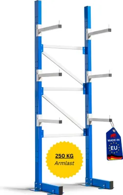 Produktbild von Einseitiges Kragarmregal MAXIMUS ULTRA mit 250kg Armlast | HxBxT 240x100x40cm | 4 Ebenen inkl. Fußebene | 40cm Armtiefe | Signalblau/Lichtgrau