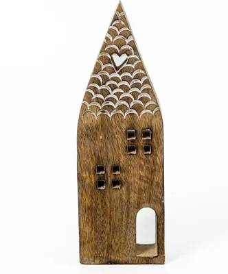 Produktbild von Holz Deko-Haus braun 8 x 25,5cm mit Herz Tischdeko Landhaus Dekofigur Winter