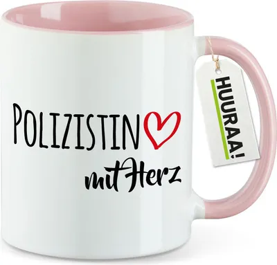 Produktbild von Huuraa Kaffeetasse Polizistin mit Herz 330ml Rosa Keramik Kaffeebecher Geschenkidee