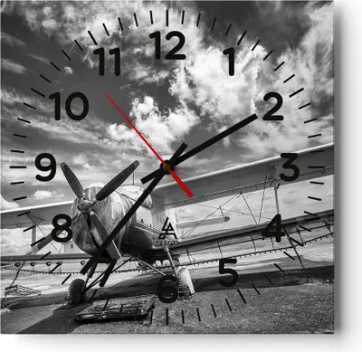 Produktbild von Wanduhr - Quadrat - Glasuhr - An-2 Flugzeug Schwarzweiß - 30x30cm - Schleichendes Uhrwerk - Lautlos - zum Aufhängen bereit - Dekoration Modern - Wanddekoration aus Glas - C4AC30x30-4228