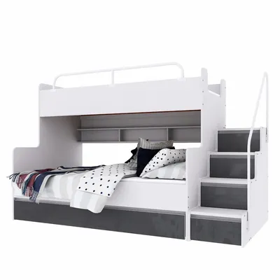 Produktbild von Marlux-Meble Hochbett Kinderbett JSM-3 mit Treppe 80x190 + 120x190 Hochglanz Kinderbetten Funktionsbett Etagenbett Stockbett Kinderhochbett Jugendhochbett (Graphit Glanz)