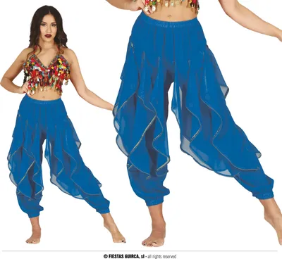Produktbild von Bauchtanzhose für Damen blau Haremshose mit Volants Pumphose Orient Tänzerin Karneval Fasching, Größe: 38 - 40 (M) Farbe: Blau