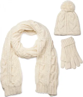Produktbild von styleBREAKER Schal, Mütze und Handschuh Set, Zopfmuster Strickschal mit Bommelmütze und Handschuhe, Damen 01018208