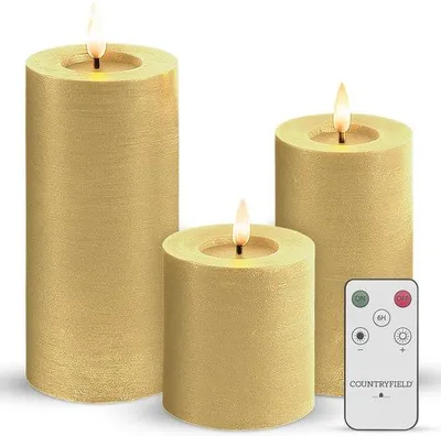 Produktbild von Countryfield LED Stumpfkerze, Gold, 8 x 20 cm, 3 Stück, Fernbedienung, Dimmer, Warmweiß