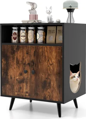 Produktbild von GOPLUS 2 in 1 Katzenhaus mit katzenförmigem Eingang, Katzenschrank mit offenem Fach, modernes Gehäuse für die Katzentoilette mit Kippsicherungen für den Innenbereich, Schwarz + Braun