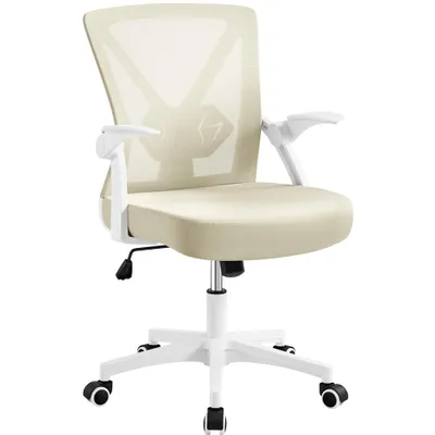 Produktbild von Yaheetech Bürostuhl ergonomisch, Schreibtischstuhl mit klappbaren Armlehnen, Drehstuhl mit verstellbaren Lendenwirbelstütze, höhenverstellbar, Beige