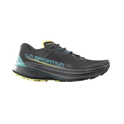La Sportiva Prodigio Woman Trailrunning-Schuh in Schwarz mit türkisfarbenen Akzenten; niedrig geschnitten.