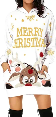 Produktbild von ASKSA Weihnachtskleid Damen Kapuzenkleid Weihnachtspullover Weihnachts Sweatshirt, Weiß, 3XL