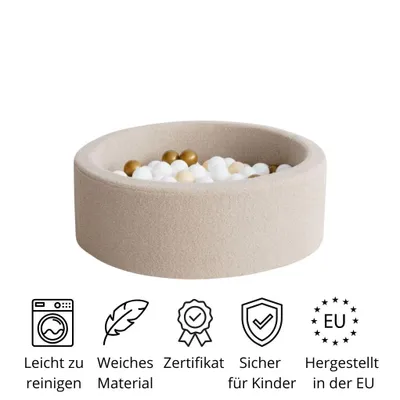 A beige ball pit filled with white and gold balls, shown on a white background with icons and text below.
