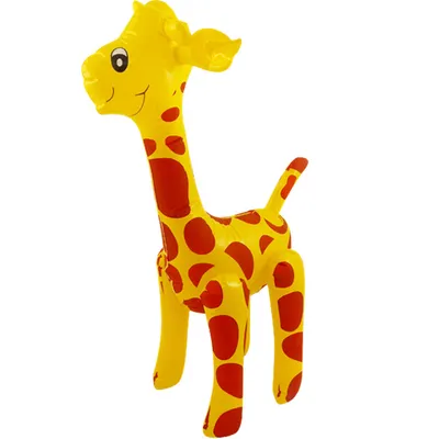 A yellow inflatable giraffe with red spots, standing on a white background.