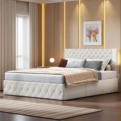 Immagine prodotto di Elegante letto imbottito 160x200 con grande testata sollevabile, letto in velluto con LED, sistema di archiviazione idraulico, elegante letto beige