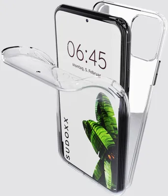 A clear phone case is shown being placed onto a smartphone.
