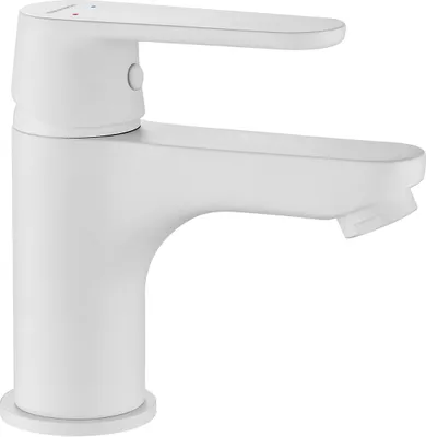 A white bathroom faucet on a white background.
