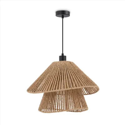 A pendant light with a two-tiered, woven shade made of natural fibers, suspended from a black cord and ceiling mount.