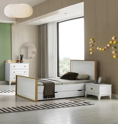 Produktbild von Garnitur Kinderzimmer Bett Kinderbett Kindermöbel Weiß Holz Set 3tlg