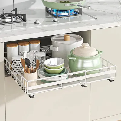 Immagine prodotto di Organizer per armadio - Cassetto estraibile - Montaggio autoadesivo - Senza forature - Acciaio - Per cucina, bagno e dispensa - Bianco