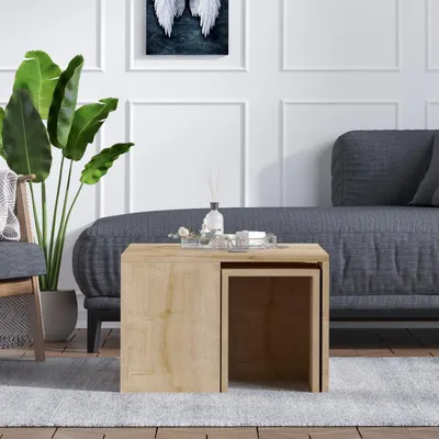 Image de Ensemble table basse et 4 tables d'appoint en panneaux de particules mélaminés chêne saphir - Table 60 x 60 x 37 cm