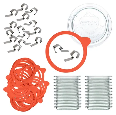 Produktbild von 96tlg Set Weck-Zubehör 24 Deckel 24 Ringe 48 Klammern Gläser RR80 + Rezeptheft Konservieren