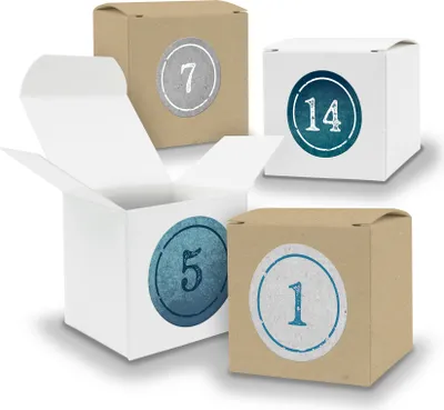 Produktbild von Adventskalender zum Füllen 24x Würfel 6,5cm gemischt WEISS BRAUN + Sticker V06 Z01