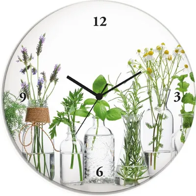 Produktbild von ARTland Glas Wanduhr Quarzuhr - schwarzer Zeiger Öle mit Kräutern Größe: 30x30 cm