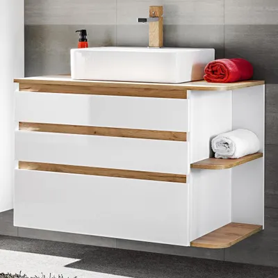 Produktbild von Badezimmer Waschtisch mit Keramik-Waschbecken CAMPOS-56, Hochglanz weiß mit Wotaneiche, B/H/T: ca. 94/77,5/50 cm