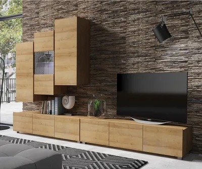 Produktbild von Moderne Wohnwand mit LED Beleuchtung in Eiche Gold Nb. CAIRNS-132, B/H/T ca. 300/200/43 cm