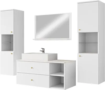 Produktbild von MIRJAN24 Badmöbel Kertos III, 5er-Set Badmöbel-Set, Spiegel, Waschbeckenschrank, Waschbecken, Aluminiumgriffe, Spihon (Farbe: Weiß / Weiß + Marmor Bianco)