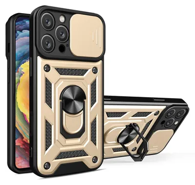 Productafbeelding van MobyDefend Hoesje - Geschikt voor iPhone 16 Pro Max  -  Pantsercase Met Draaibare Ring - Goud