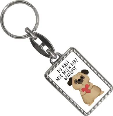 Produktbild von Mops mit Herz Schlüsselanhänger mit Bordüre mit Spruch Du hast mir mein Herz
