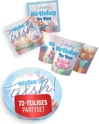 Produktbild von Happy Birthday Pastell 3-teiliges Party-Set mit 16 Papptellern, 16 Pappbechern und 40 Servietten