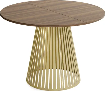 Produktbild von Esstisch Rund Ausziehbar mit Lamellen im Loft-Stil – 120 bis 200 cm – Industrieller Tisch mit Goldenen Metallbeinen, Platzsparend für Wohnzimmer oder Esszimmer – Walnuss Braun