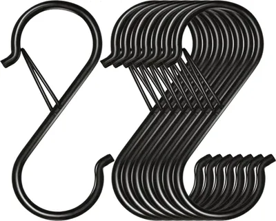 Obrázek produktu pro 8 balení háčků ve tvaru S na zavěšení, délka 8,9 cm, robustní háčky ve tvaru S s pojistkou, háčky ve tvaru S, kuchyňské háčky na hrnce, háčky do skříně (černé)