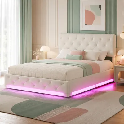 Zdjęcie produktu dla Łóżko platformowe INONEFT, tapicerowane, 140x200 cm, z podświetleniem LED, podwójne łóżko z hydraulicznym podnoszeniem, pojemnik na pościel, rama łóżka młodzieżowego z pojemnikiem i stelażem, kolor: biały