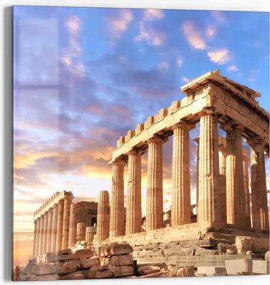 Produktbild von DEQORI Glasbild Echtglas 30x30 cm 'Parthenon im Abendlicht' Wandbild Bild modern Deko