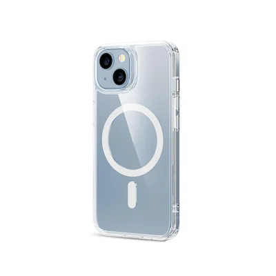 A clear, professional studio shot of a transparent phone case with a MagSafe ring, placed on a white background.