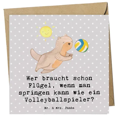 Produktbild von Mr. & Mrs. Panda Glückwunschkarte Volleyball Sprung - Grau Pastell - Geschenk, Gemeinschaft, Teamarbeit, Sport, Teamsport, Grußkarte, doppelkarte, Sportart, anlasskarte
