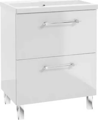A white bathroom cabinet with two drawers and chrome handles, standing on four chrome legs.