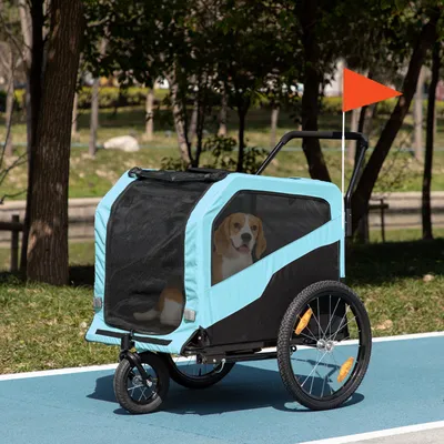 Produktbild von Hundeanhänger 2-in-1 Hundebuggy, Schiebefunktion, Fahrradanhänger, Oxford-Gewebe & Stahl, Hellblau | 170 x 77 x 90 cm | bis 30 kg | Stahlrahmen