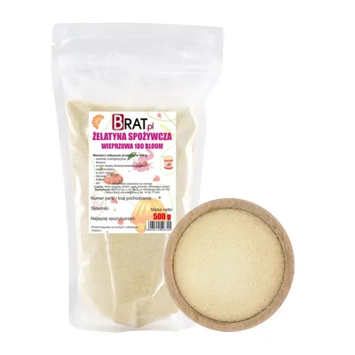 A bag of gelatin powder next to a wooden bowl filled with gelatin powder.