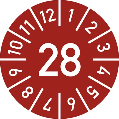 Produktbild von Dreifke® Prüfplakette Jahr 28 mit Monaten, rot, Folie-Spezialkl., Ø 15 mm, 10...