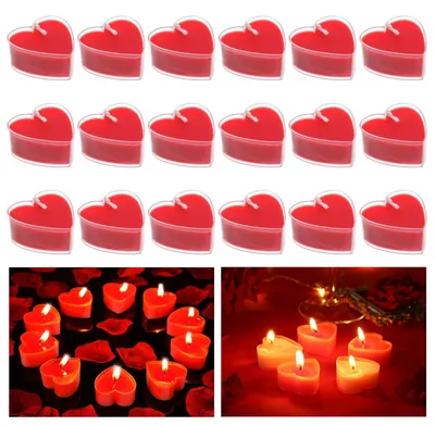 18 herzförmige Teelichter, rot, tropffrei, für Hochzeit & Valentinstag