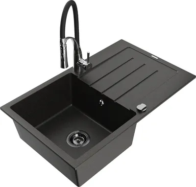 Produktbild von Mexen Bruno 1 Becken-Granitspüle mit Abtropffläche und Mischbatterie Aster, Schwarz/Gold metallisch - 6513-75-73450-07-B