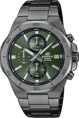 Produktbild von Casio Edifice EFV-640DC-3AVUEF Herren Armbanduhr, Edelstahl, Grau Grün, Ø 41mm, H 10.8mm, 24mm Bandbreite, Chronograph, Datumsanzeige, Stoppfunktion, Neo-Display, Sicherheitsverschluss, Rundes Gehäuse, Verschraubter Gehäuseboden, IP-Beschichtung