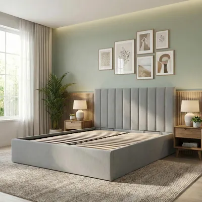 Produktbild von Polsterbett POLLA 180x200 mit Holzlattenrost, Doppelbett ohne Bettkasten, Bett mit gepolstertem Kopfteil Grau Geflecht