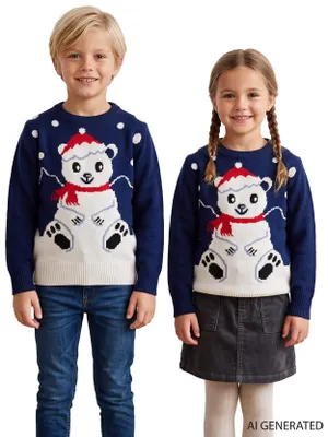 Immagine prodotto di Maglione invernale per bambini - Maglione a maniche lunghe con motivo orso polare, stile "brutto maglione", colore blu, taglia 98-104