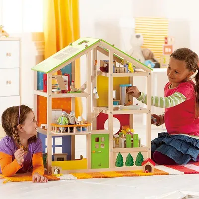 Produktbild von Hape Holz Puppenhaus All Season - Möbliertes Spielhaus mit 6 Zimmern