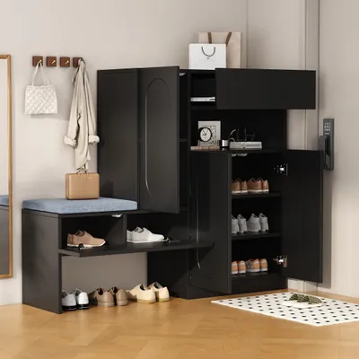 Immagine prodotto di MODFU Scarpiera con anta arrotondata e ripiani regolabili in altezza, con panca imbottita, anta a battente con chiusura ammortizzata, nero