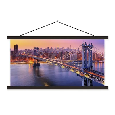 Produktbild von MuchoWow® Textilposter New York - Brooklyn-Brücke - Rosa 150x75 cm mit schwarzem Rahmen - Posterleiste