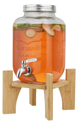 Image de Distributeur de boissons en verre avec support en bambou et robinet en acier inoxydable